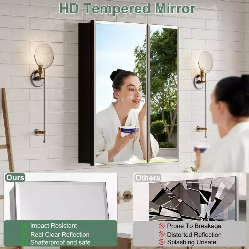 Belle Bathroom Medicine Cabinet with Beveled Mirror, Recessed or Wall Mount, Adjustable Tempered Glass Shelves