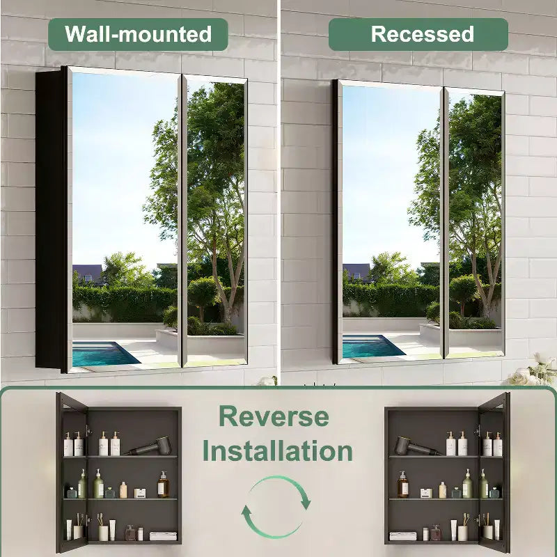 Belle Bathroom Medicine Cabinet with Beveled Mirror, Recessed or Wall Mount, Adjustable Tempered Glass Shelves