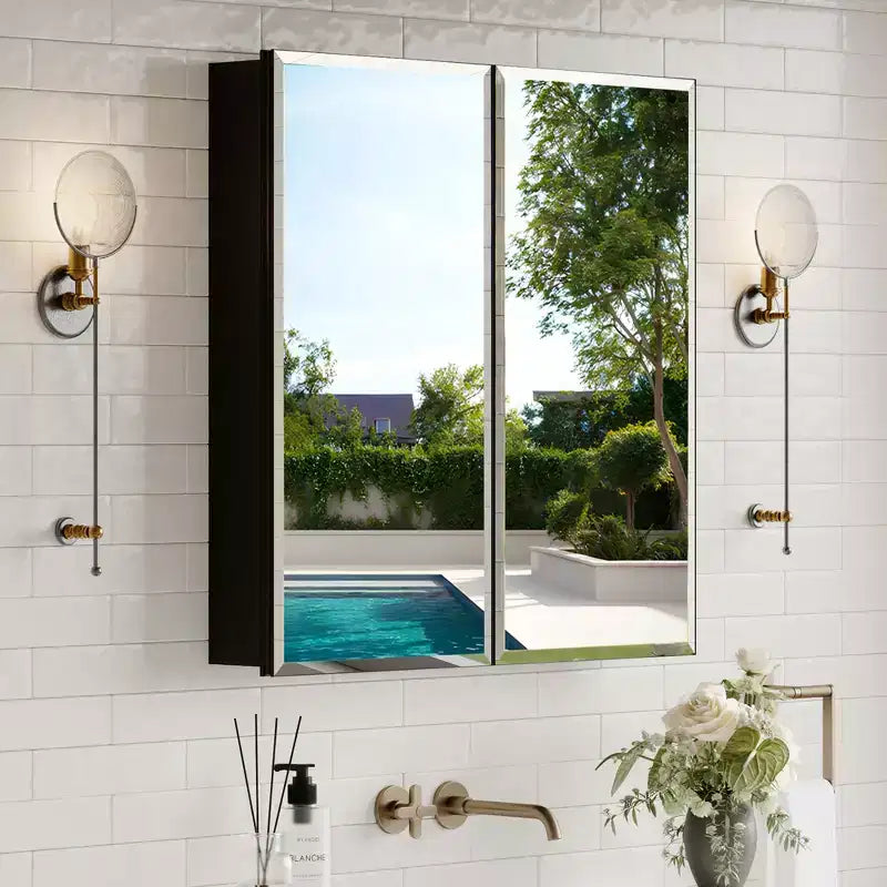 Belle Bathroom Medicine Cabinet with Beveled Mirror, Recessed or Wall Mount, Adjustable Tempered Glass Shelves