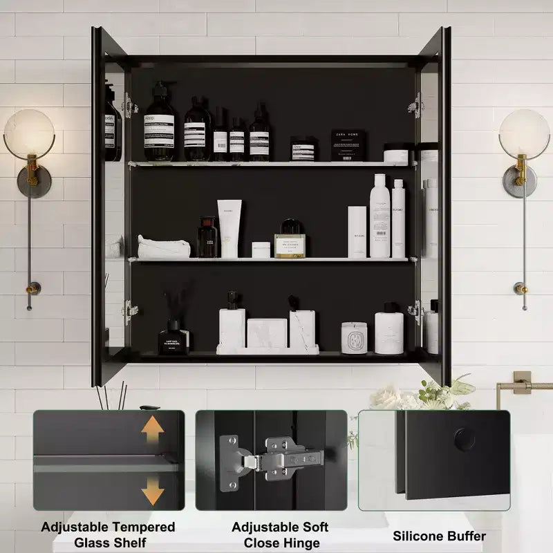 Belle Bathroom Medicine Cabinet with Beveled Mirror, Recessed or Wall Mount, Adjustable Tempered Glass Shelves