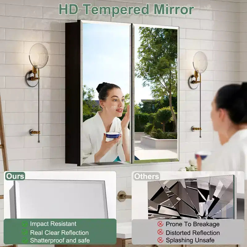 Belle Bathroom Medicine Cabinet with Beveled Mirror, Recessed or Wall Mount, Adjustable Tempered Glass Shelves
