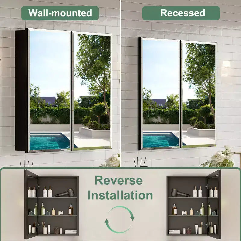 Belle Bathroom Medicine Cabinet with Beveled Mirror, Recessed or Wall Mount, Adjustable Tempered Glass Shelves