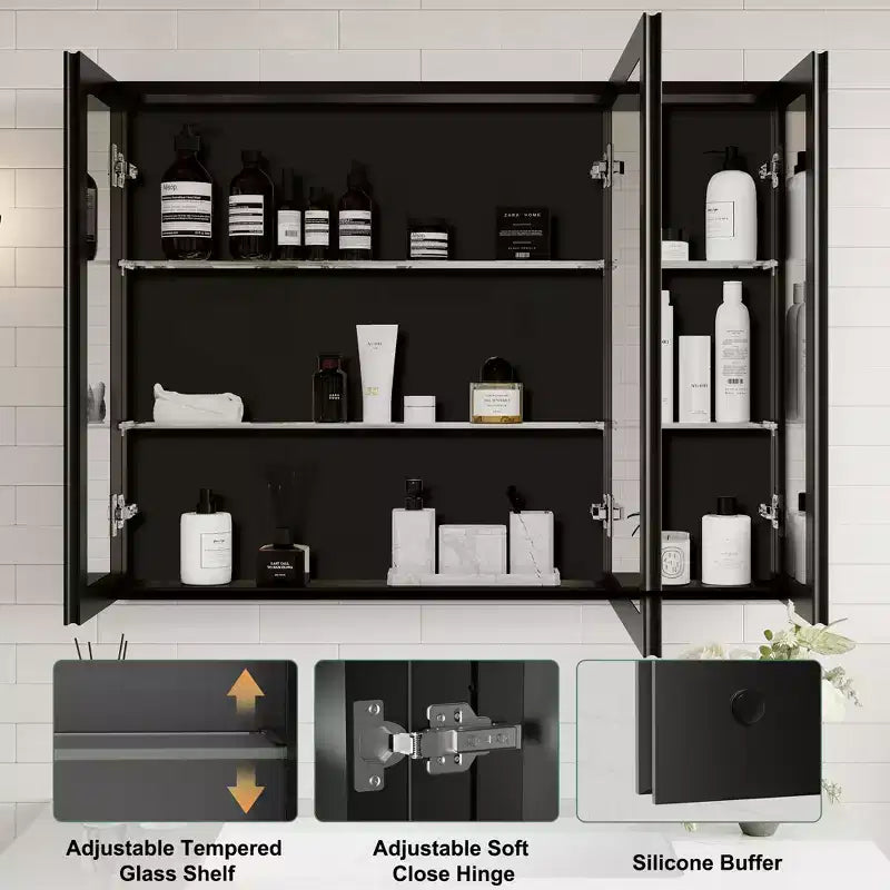 Belle Bathroom Medicine Cabinet with Beveled Mirror, Recessed or Wall Mount, Adjustable Tempered Glass Shelves