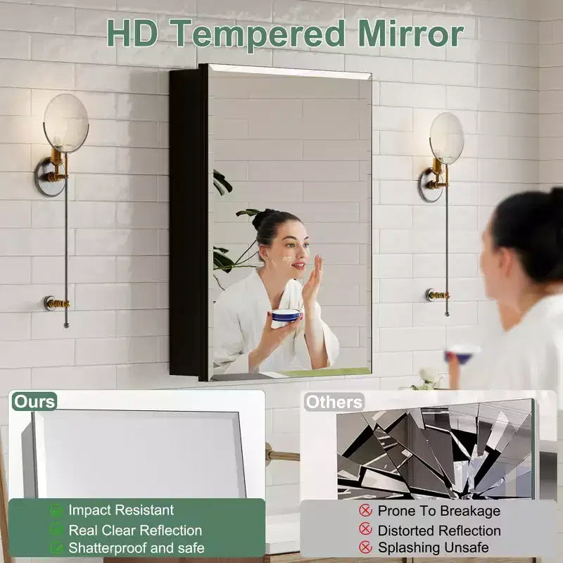 Belle Bathroom Medicine Cabinet with Beveled Mirror, Recessed or Wall Mount, Adjustable Tempered Glass Shelves