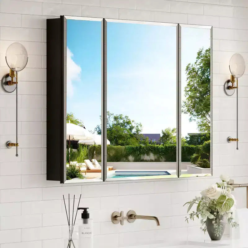 Belle Bathroom Medicine Cabinet with Beveled Mirror, Recessed or Wall Mount, Adjustable Tempered Glass Shelves