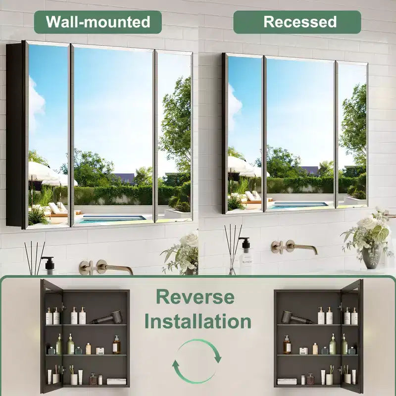 Belle Bathroom Medicine Cabinet with Beveled Mirror, Recessed or Wall Mount, Adjustable Tempered Glass Shelves