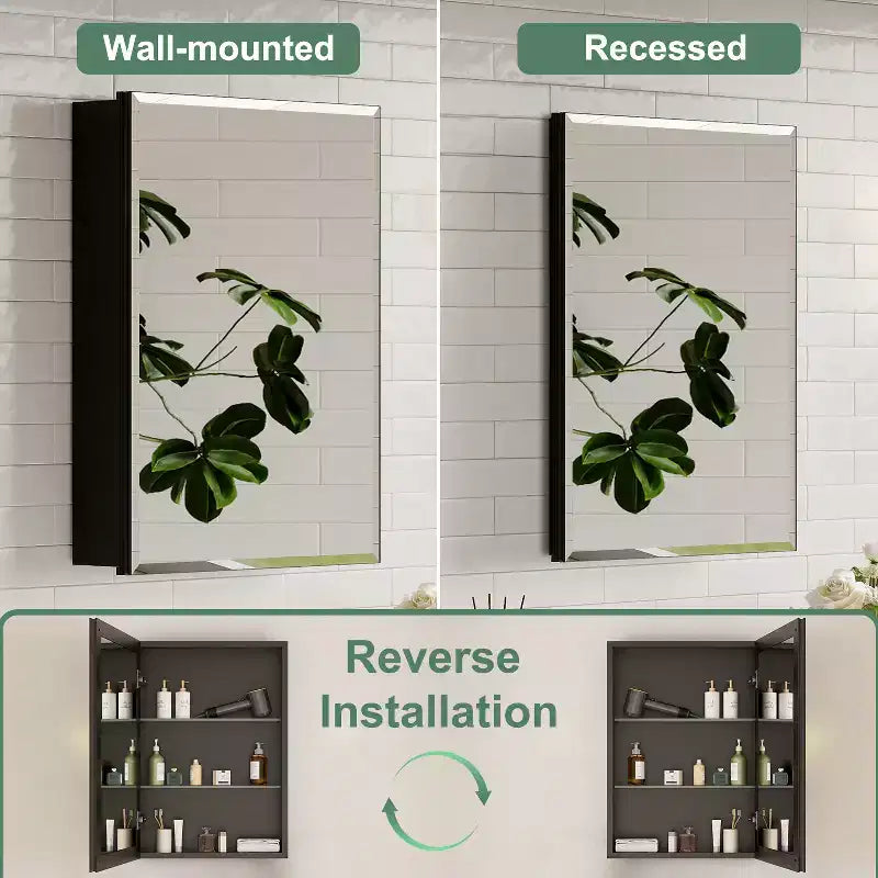 Belle Bathroom Medicine Cabinet with Beveled Mirror, Recessed or Wall Mount, Adjustable Tempered Glass Shelves