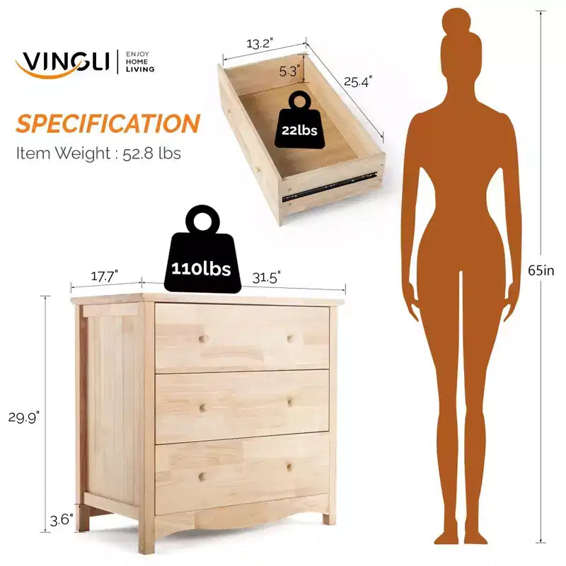 Karl Home 3-Drawer Natural MDF (Medium-Density Fiberboard) 31.5in. W Chest of Drawer