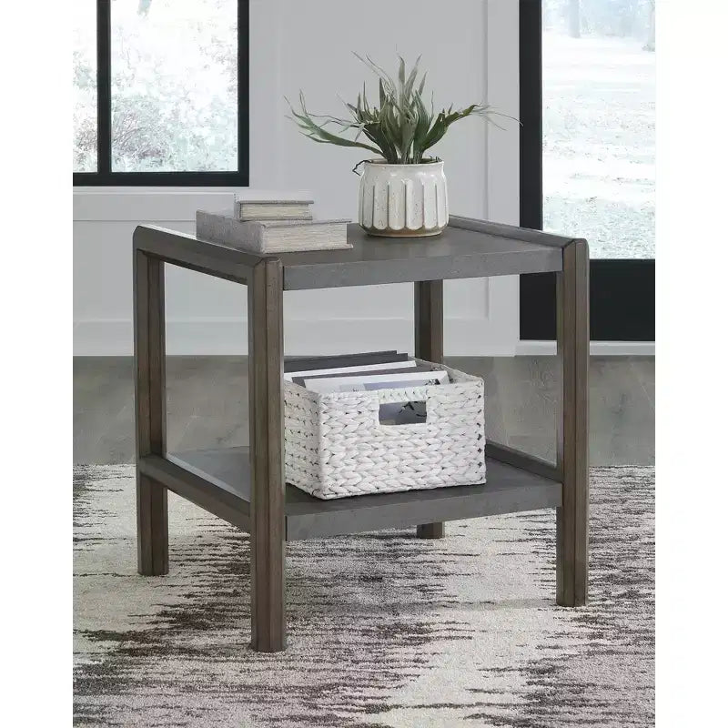 Signature Design by Ashley Kallenny End Table - Dark Brown Oak Finish with Faux Cement Top, Open Display Shelf