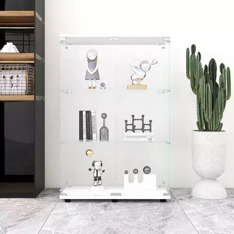 MAYEERTY Two Door Glass Display Cabinet 3 Shelves Floor Standing Curio 49.3x31.7x14.3 Inches Living Room Bedroom Office White