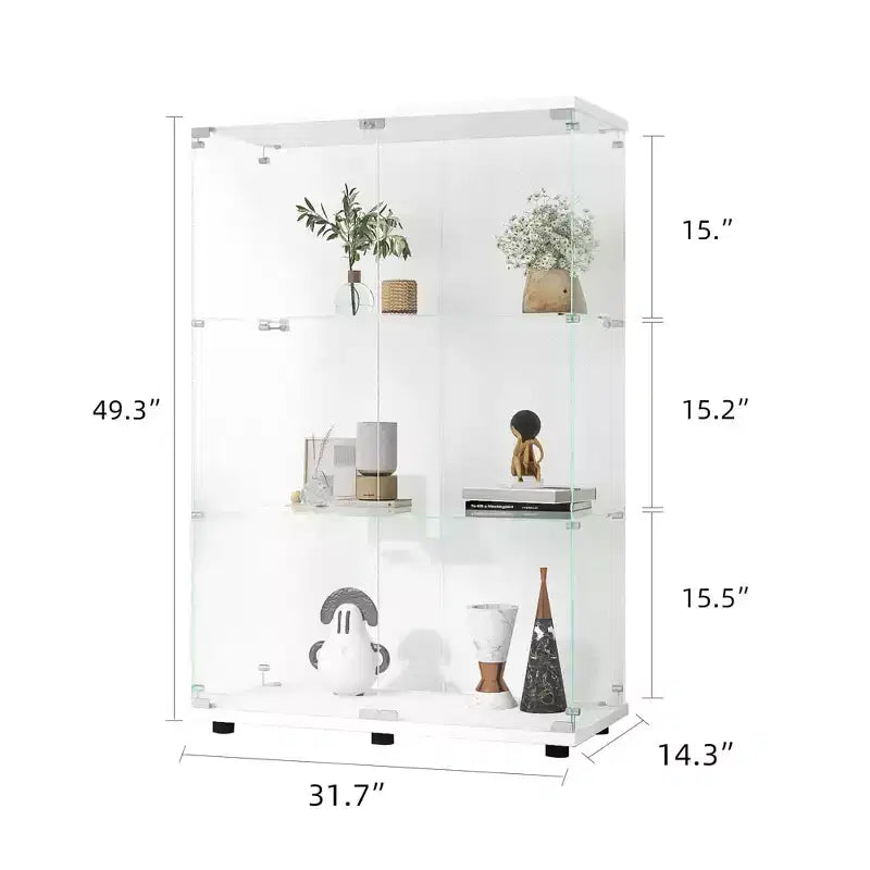 MAYEERTY Two Door Glass Display Cabinet 3 Shelves Floor Standing Curio 49.3x31.7x14.3 Inches Living Room Bedroom Office White