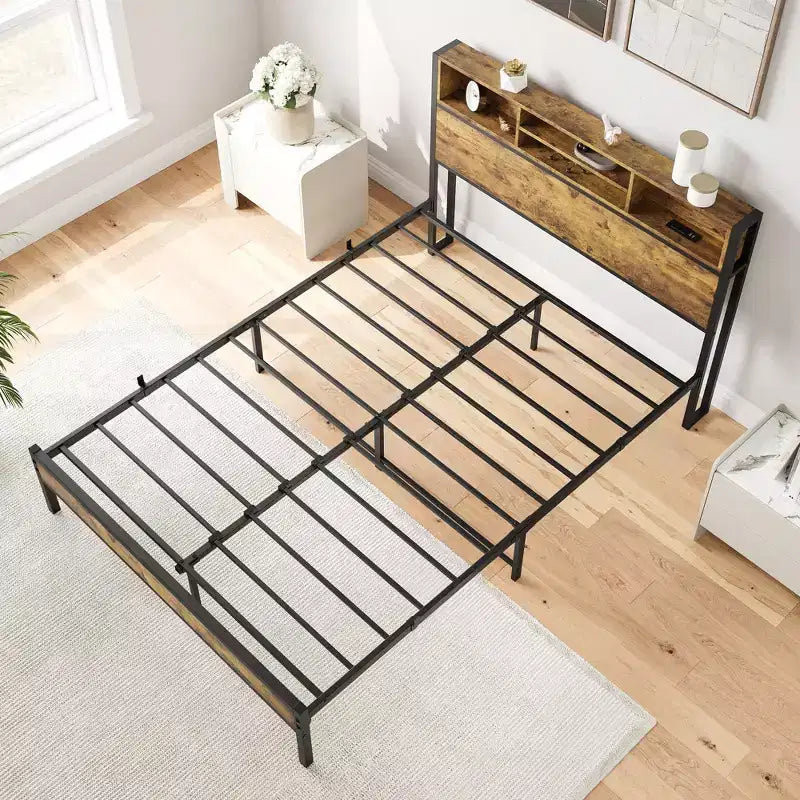 MAYEERTY Full Black Metal Platform Bed Storage Headboard Charging Station Bookcase No Box Spring Easy Assembly Quiet