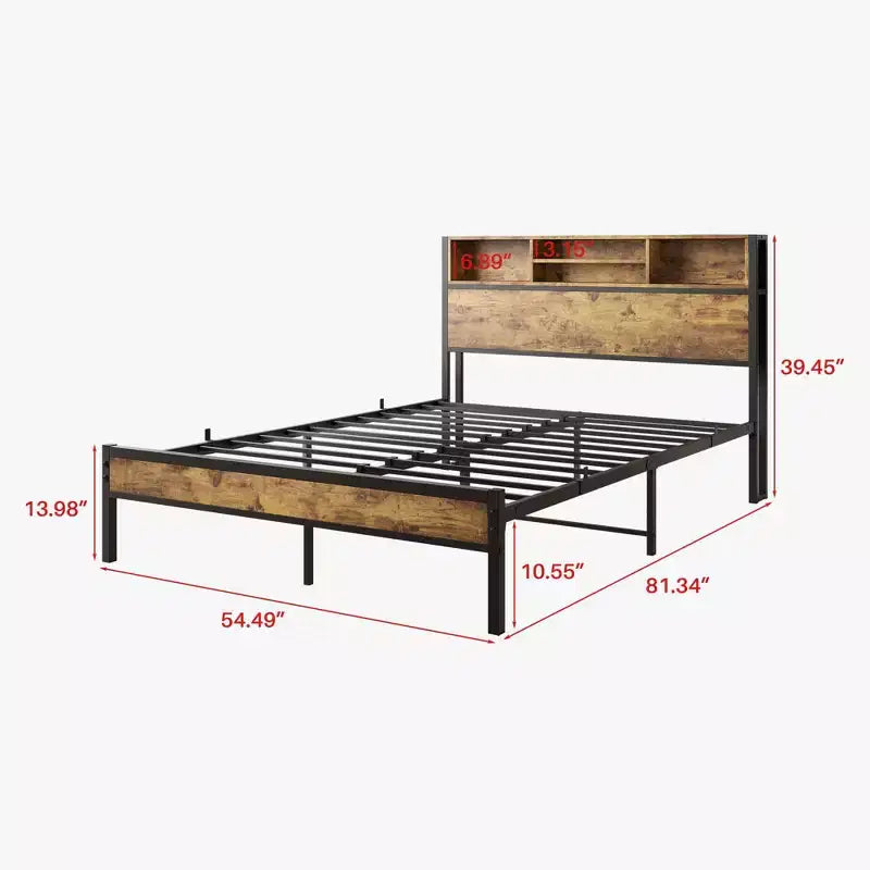 MAYEERTY Full Black Metal Platform Bed Storage Headboard Charging Station Bookcase No Box Spring Easy Assembly Quiet