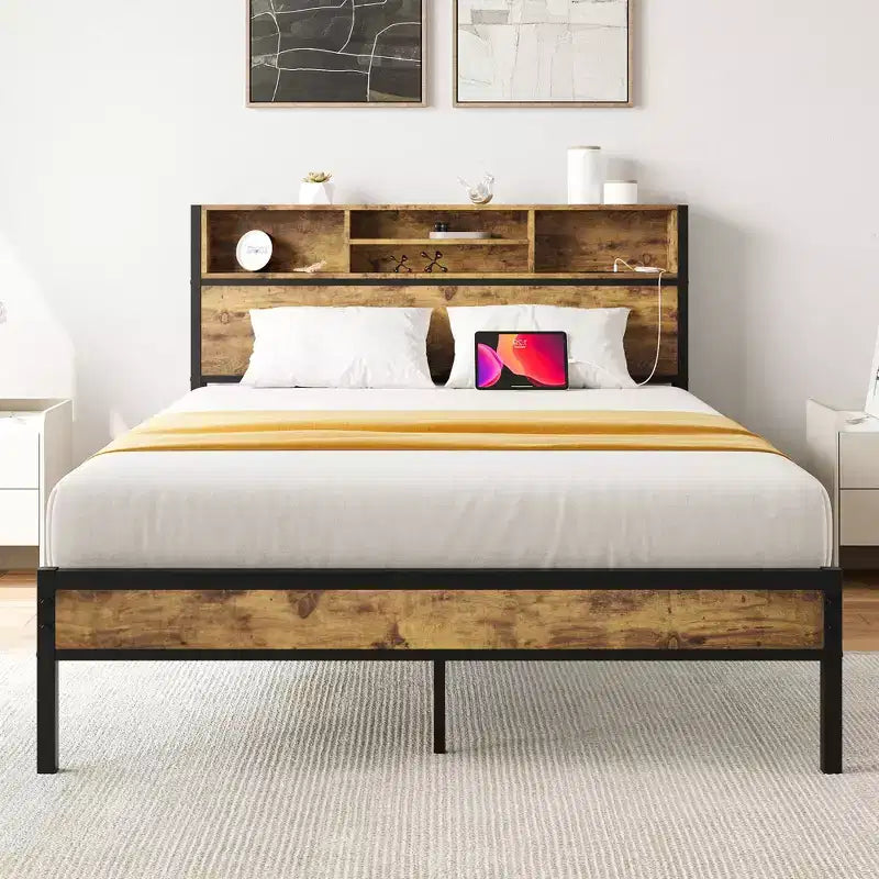 MAYEERTY Full Black Metal Platform Bed Storage Headboard Charging Station Bookcase No Box Spring Easy Assembly Quiet