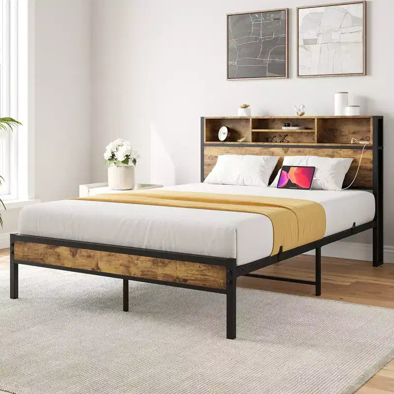 MAYEERTY Full Black Metal Platform Bed Storage Headboard Charging Station Bookcase No Box Spring Easy Assembly Quiet