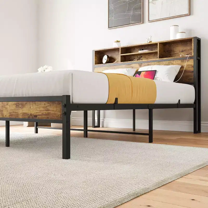 MAYEERTY Full Black Metal Platform Bed Storage Headboard Charging Station Bookcase No Box Spring Easy Assembly Quiet