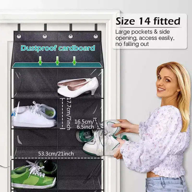 Over The Door Shoe Organizer, Hanging Shoe Rack - 20 Large Pockets, 10 Tier Oxford Fabric with 4 Metal Hooks, Fits Size 16 Shoes, 64H x 20W x 7D