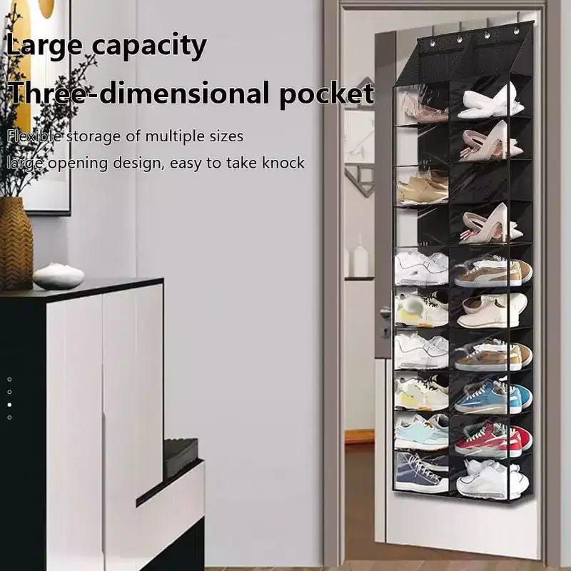 Over The Door Shoe Organizer, Hanging Shoe Rack - 20 Large Pockets, 10 Tier Oxford Fabric with 4 Metal Hooks, Fits Size 16 Shoes, 64H x 20W x 7D