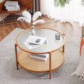 Double-Layered Round Water Ripple Glass and PE Rattan Tabletop Matched with Heat Transfer Wood Grain Iron Frame Coffee Table