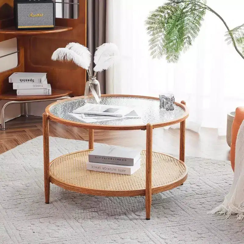 Double-Layered Round Water Ripple Glass and PE Rattan Tabletop Matched with Heat Transfer Wood Grain Iron Frame Coffee Table