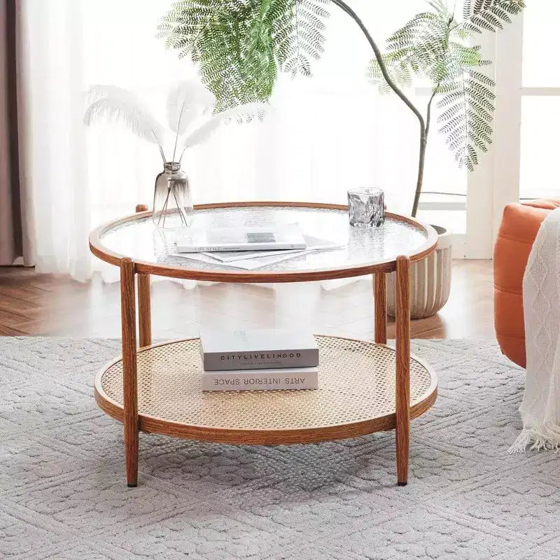 Double-Layered Round Water Ripple Glass and PE Rattan Tabletop Matched with Heat Transfer Wood Grain Iron Frame Coffee Table