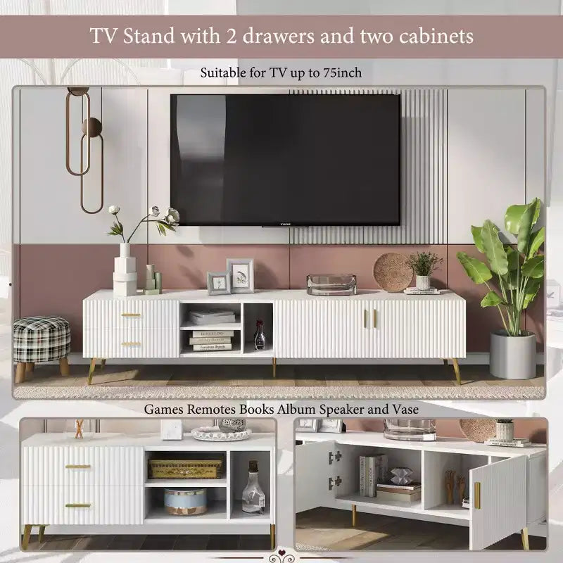 TROPOW TV Stand with Storage Drawer, Entertainment Center with 2 Cabinet Doors and 2 Drawers, Low Profile TV Cabinet for TVs up to 75 Inch,White