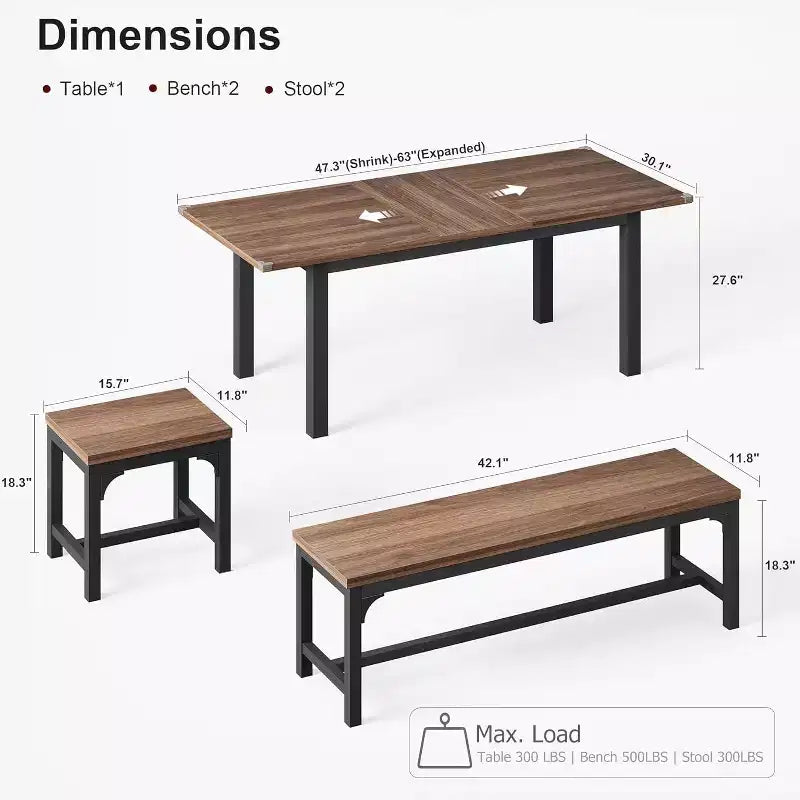 Extendable Dining Table Set for 48 with Benches and Stools, 63 Large Wooden Kitchen and Dining Table
