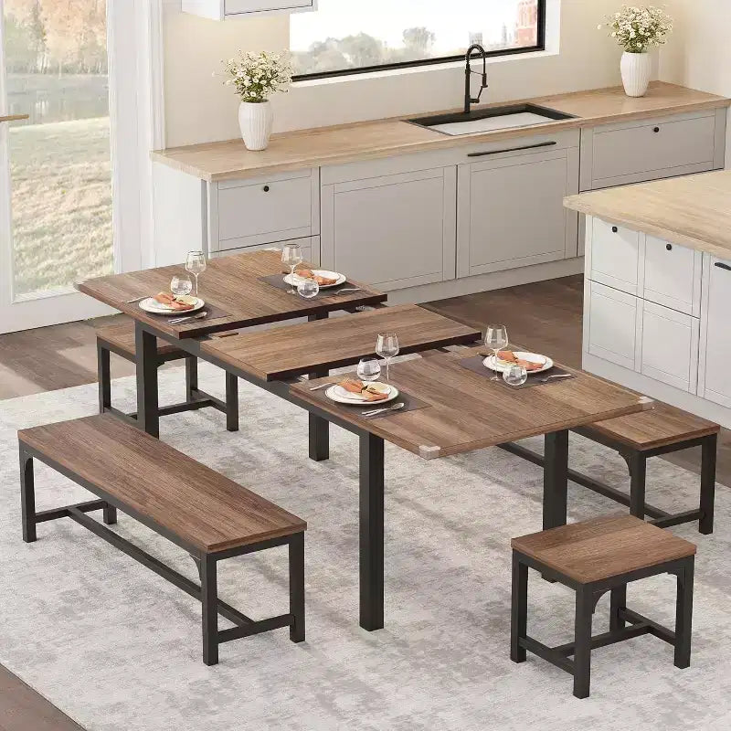 Extendable Dining Table Set for 48 with Benches and Stools, 63 Large Wooden Kitchen and Dining Table