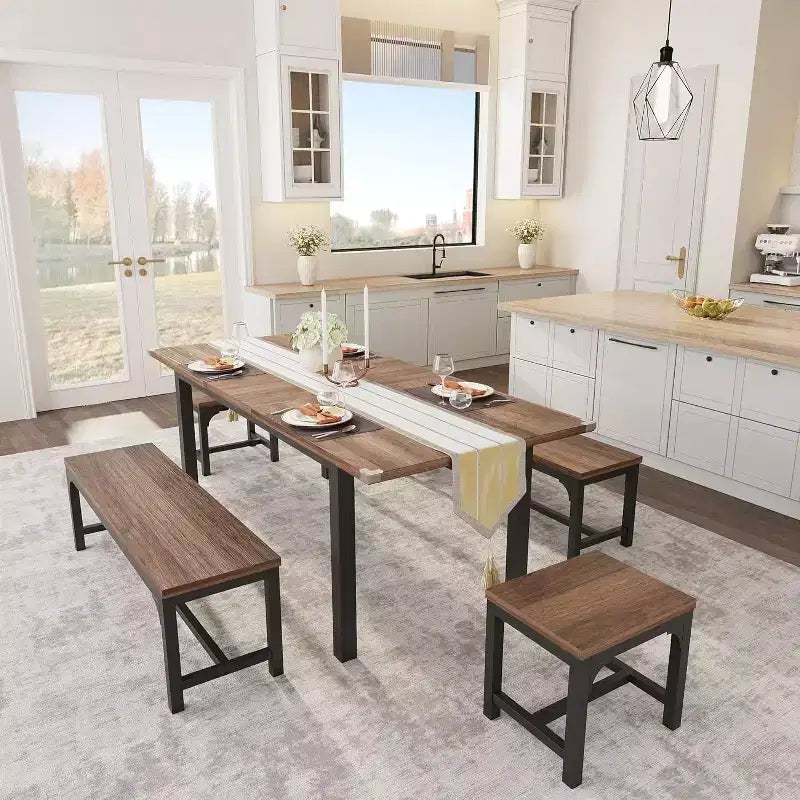 Extendable Dining Table Set for 48 with Benches and Stools, 63 Large Wooden Kitchen and Dining Table