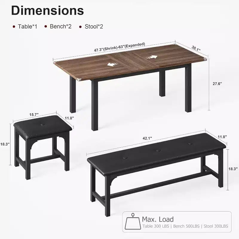 Extendable Dining Table Set for 48 with Benches and Stools, 63 Large Wooden Kitchen and Dining Table