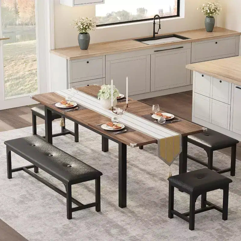 Extendable Dining Table Set for 48 with Benches and Stools, 63 Large Wooden Kitchen and Dining Table
