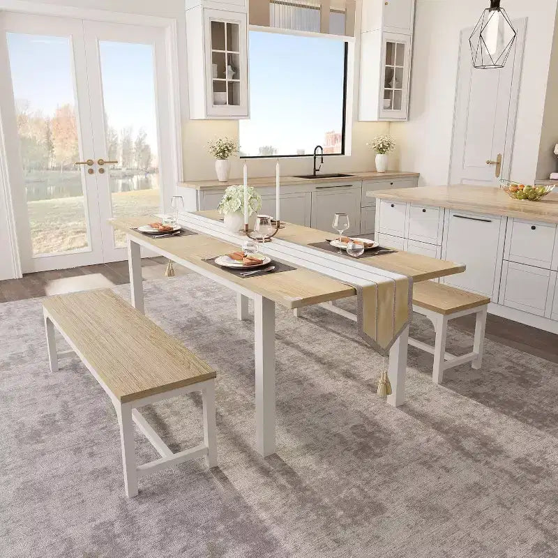 Extendable Dining Table Set for 48 with Benches and Stools, 63 Large Wooden Kitchen and Dining Table