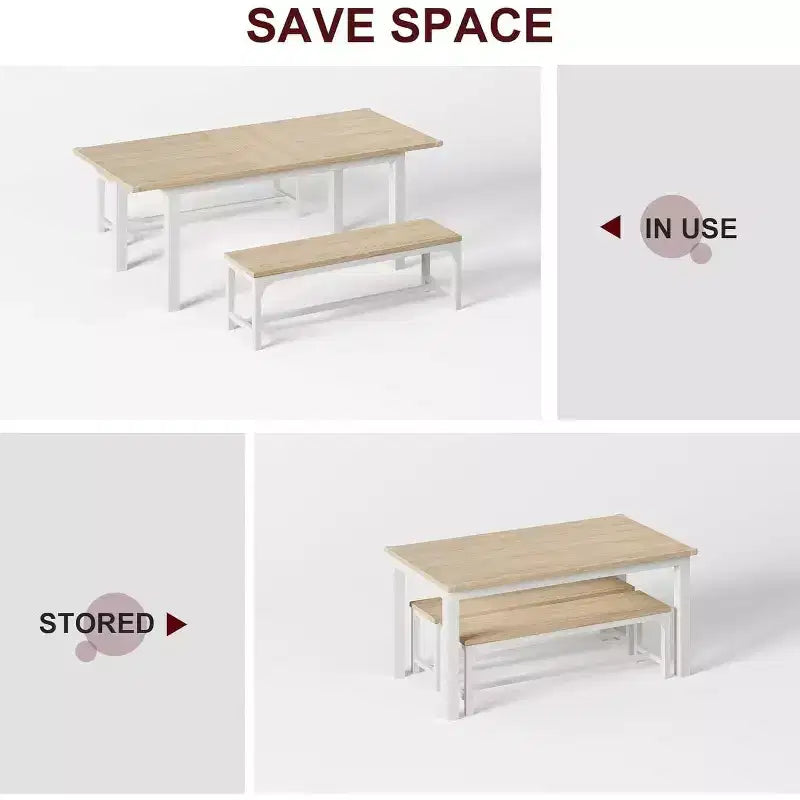 Extendable Dining Table Set for 48 with Benches and Stools, 63 Large Wooden Kitchen and Dining Table