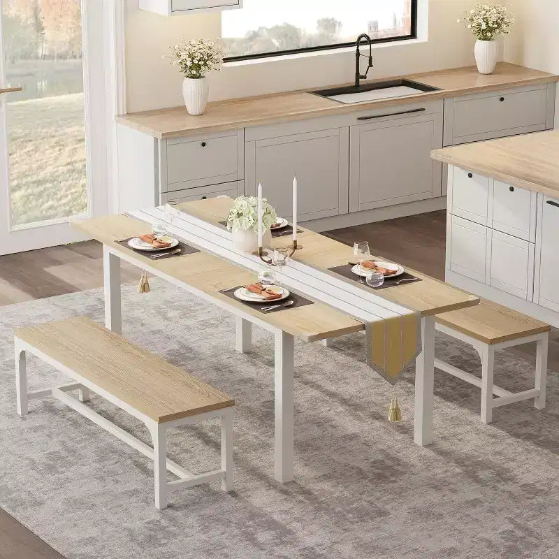 Extendable Dining Table Set for 48 with Benches and Stools, 63 Large Wooden Kitchen and Dining Table