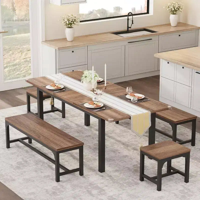 Extendable Dining Table Set for 48 with Benches and Stools, 63 Large Wooden Kitchen and Dining Table
