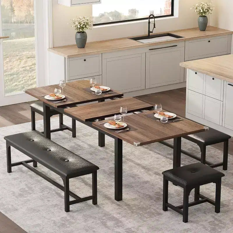 Extendable Dining Table Set for 48 with Benches and Stools, 63 Large Wooden Kitchen and Dining Table