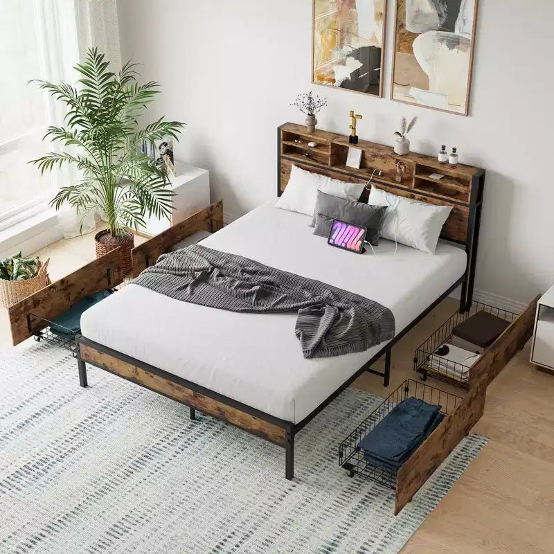 MAYEERTY Queen Size Brown Metal Platform Bed Frame 4 Storage Drawers Wooden Headboard Charging Station No Box Spring Noise Free Easy Assembly