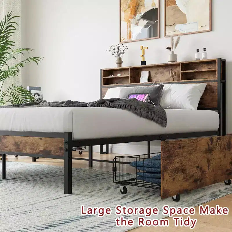 MAYEERTY Queen Size Brown Metal Platform Bed Frame 4 Storage Drawers Wooden Headboard Charging Station No Box Spring Noise Free Easy Assembly