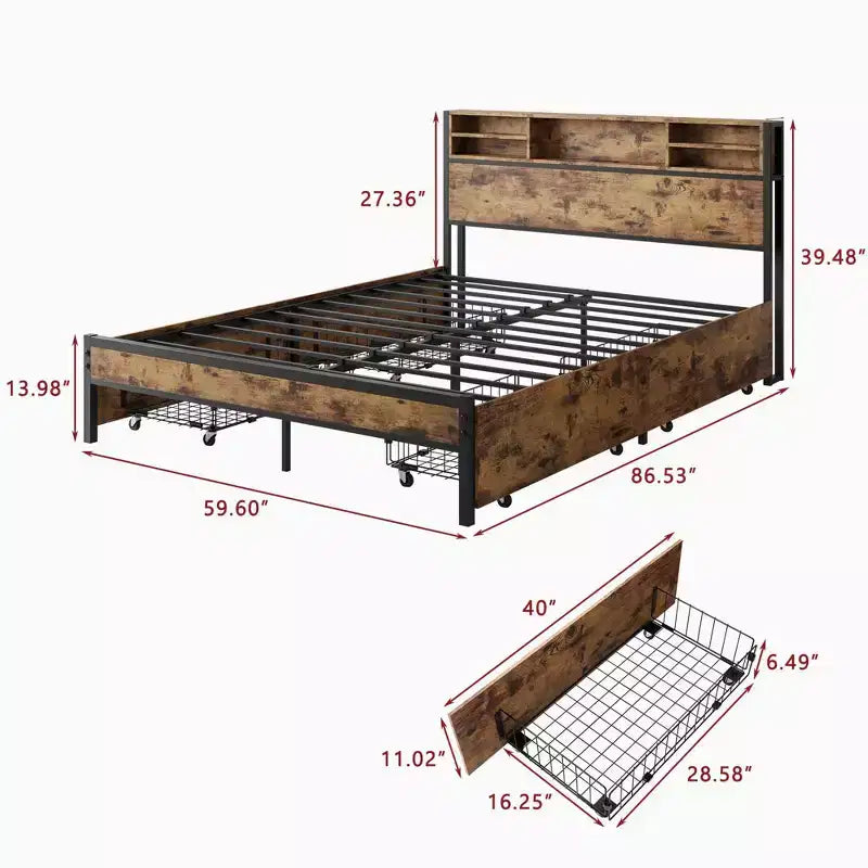 MAYEERTY Queen Size Brown Metal Platform Bed Frame 4 Storage Drawers Wooden Headboard Charging Station No Box Spring Noise Free Easy Assembly