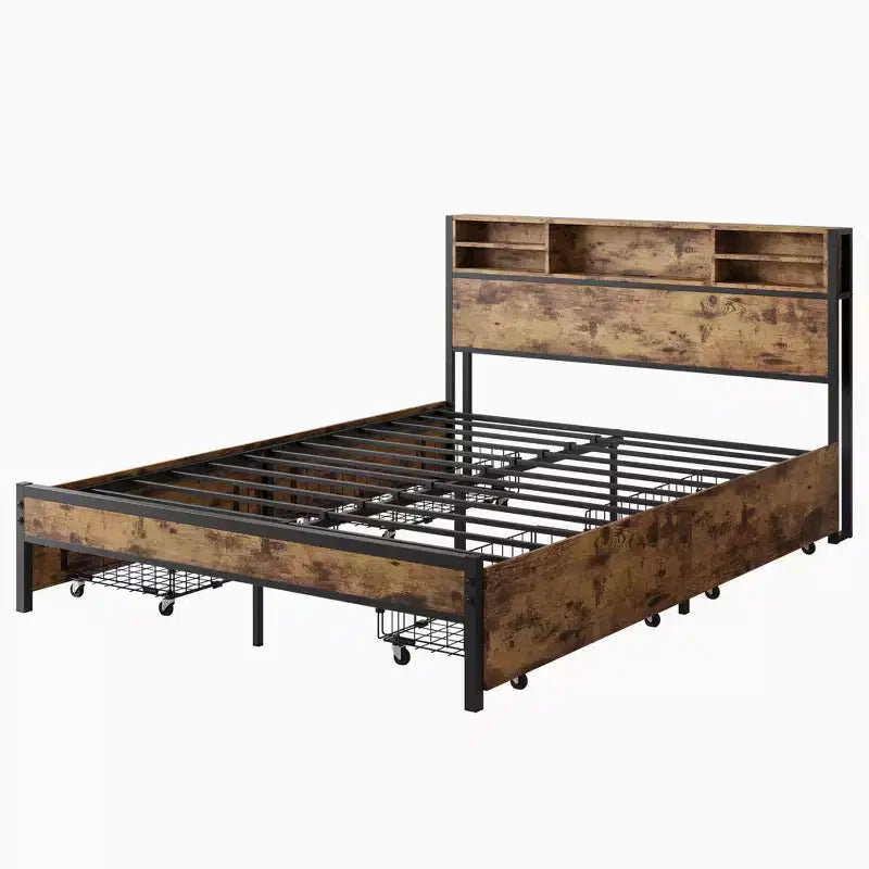 MAYEERTY Queen Size Brown Metal Platform Bed Frame 4 Storage Drawers Wooden Headboard Charging Station No Box Spring Noise Free Easy Assembly