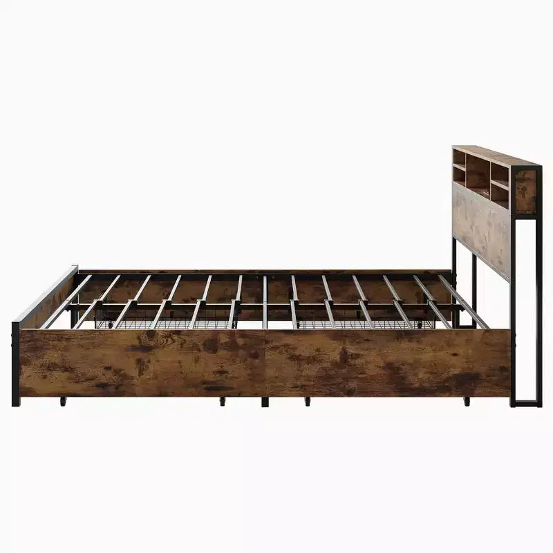 MAYEERTY Queen Size Brown Metal Platform Bed Frame 4 Storage Drawers Wooden Headboard Charging Station No Box Spring Noise Free Easy Assembly