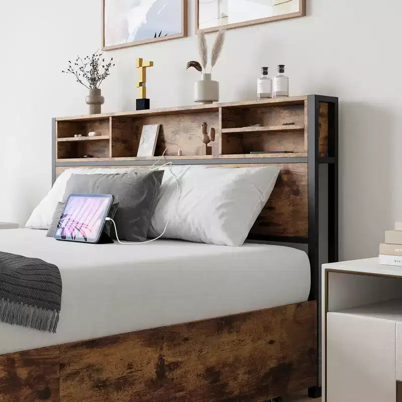 MAYEERTY Queen Size Brown Metal Platform Bed Frame 4 Storage Drawers Wooden Headboard Charging Station No Box Spring Noise Free Easy Assembly
