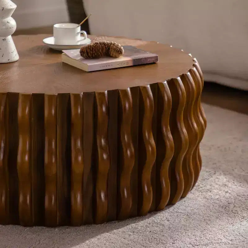 GDFStudio Kaen Mid-Century Modern Drum Fluted Round Coffee Table