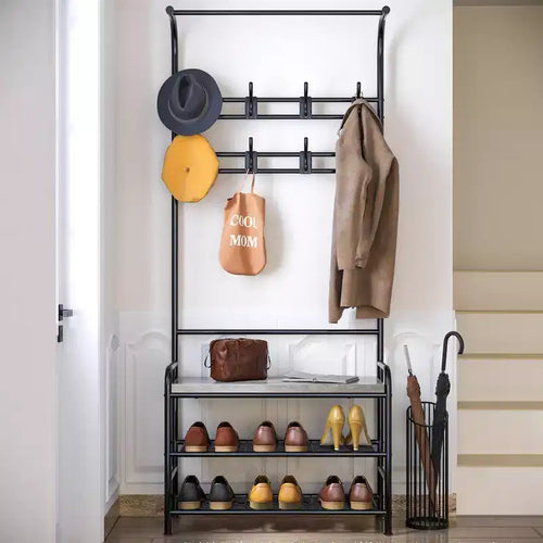 4-in-1 Hall Tree Shoe Bench, Entryway Storage Bench with 8 Sturdy Hooks, Freestanding Coat Rack for Small Spaces, Apartments, Bedroom