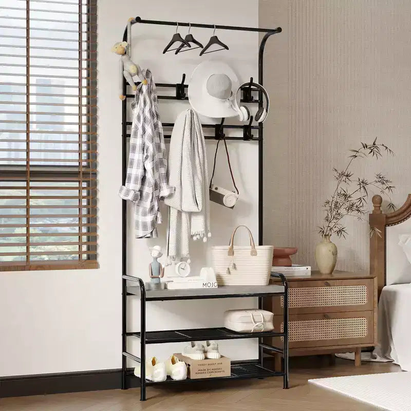 4-in-1 Hall Tree Shoe Bench, Entryway Storage Bench with 8 Sturdy Hooks, Freestanding Coat Rack for Small Spaces, Apartments, Bedroom