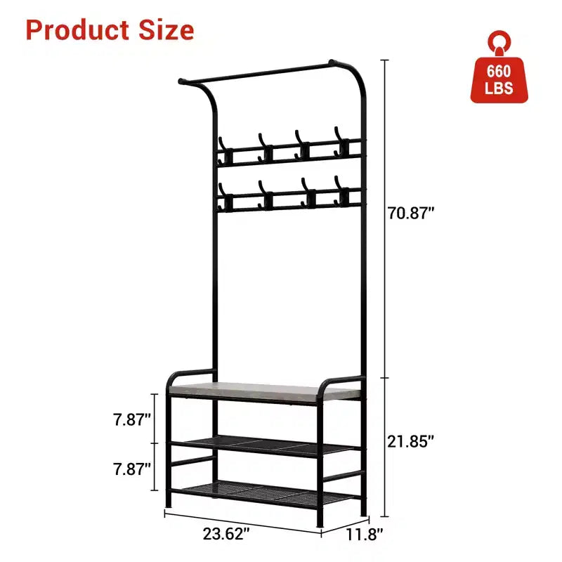4-in-1 Hall Tree Shoe Bench, Entryway Storage Bench with 8 Sturdy Hooks, Freestanding Coat Rack for Small Spaces, Apartments, Bedroom