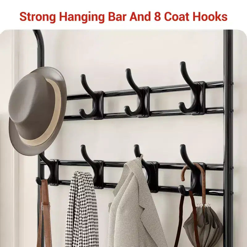 4-in-1 Hall Tree Shoe Bench, Entryway Storage Bench with 8 Sturdy Hooks, Freestanding Coat Rack for Small Spaces, Apartments, Bedroom