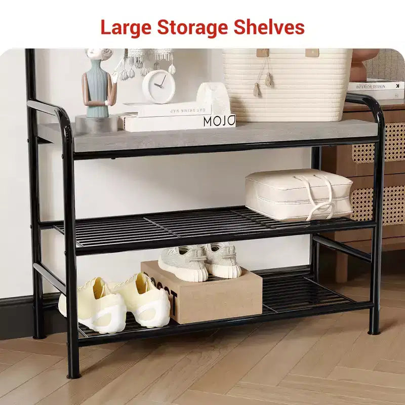 4-in-1 Hall Tree Shoe Bench, Entryway Storage Bench with 8 Sturdy Hooks, Freestanding Coat Rack for Small Spaces, Apartments, Bedroom