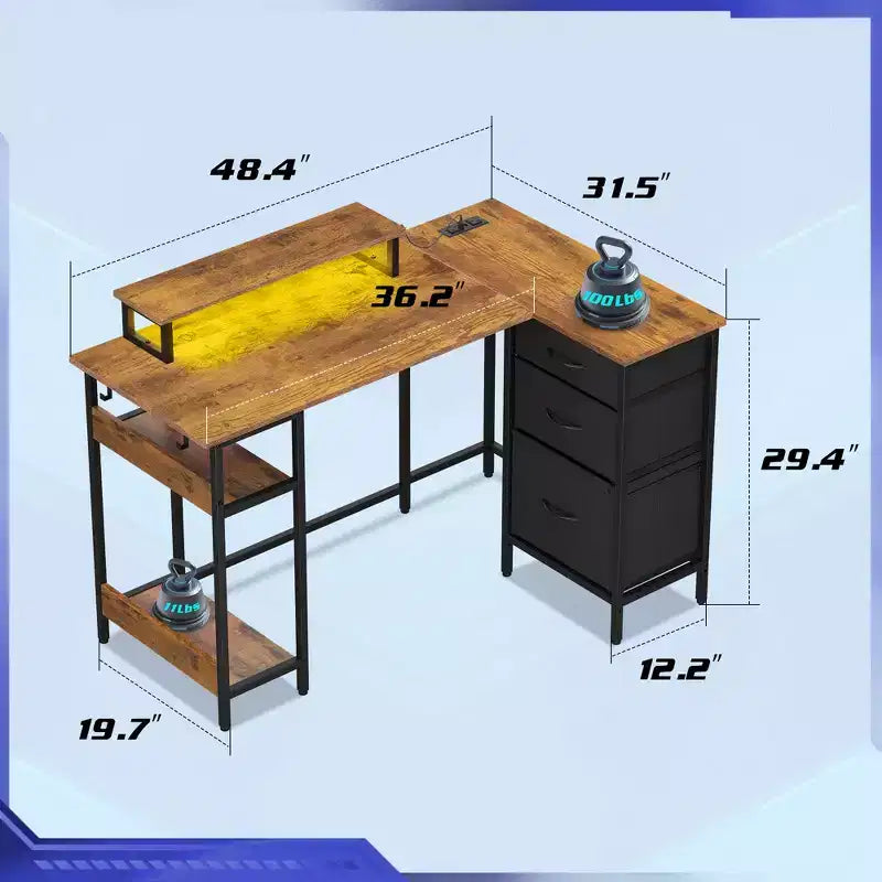 GALAXHERO 47-Inch L-Shaped Gaming Desk, Corner Computer Desk with Storage, Power Outlets & LED Lights, Office/Gaming Desk for Bedroom