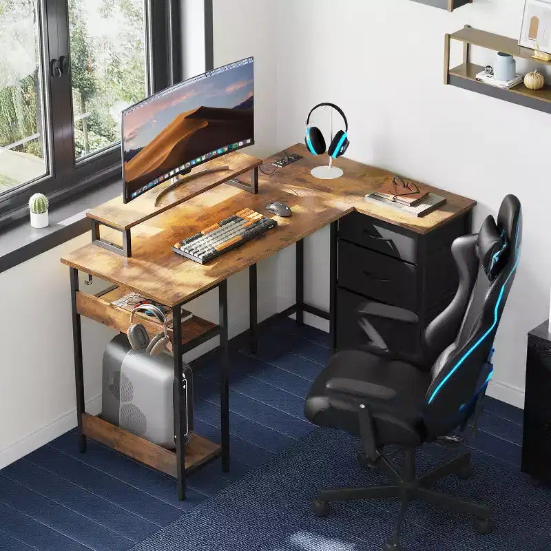GALAXHERO 47-Inch L-Shaped Gaming Desk, Corner Computer Desk with Storage, Power Outlets & LED Lights, Office/Gaming Desk for Bedroom